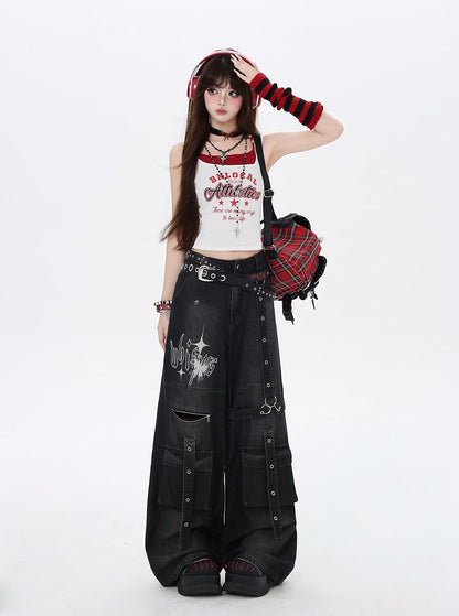 Black Butterfly Print Strap Details Vintage Wide-Leg Cargo Jeans