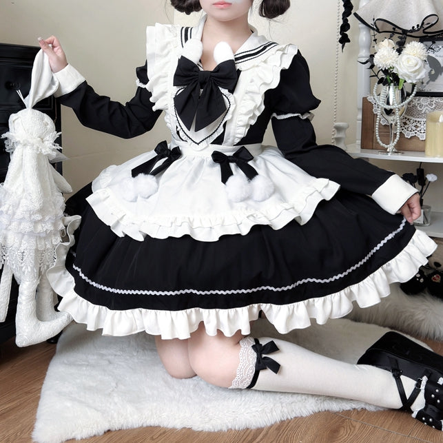 Bunny Ears Sailor Collar Black Short Sleeves Maid Lolita Dress with White Apron
