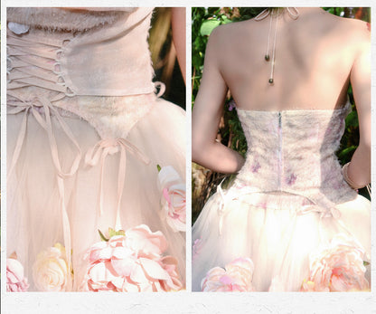 Floral Fairy Cowl Neckline Self-tie Halter Neck Top