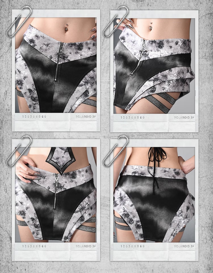 Y3K Fashion Futuristic Black and Silver Low-Waist Side Elastic Bands Cyberpunk Asymmetrical Skort