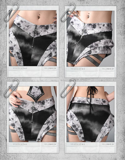 Y3K Fashion Futuristic Black and Silver Low-Waist Side Elastic Bands Cyberpunk Asymmetrical Skort