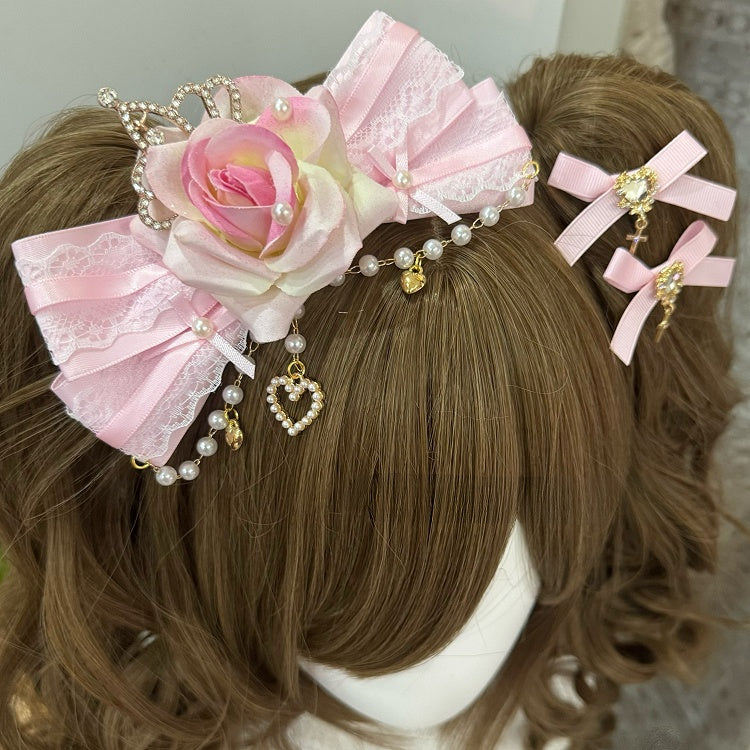 Pink Beaded Charm Floral Design Bowknot Hairclip + Rhinestone Heart Decorated Cross Charm Bowknot Hairclips