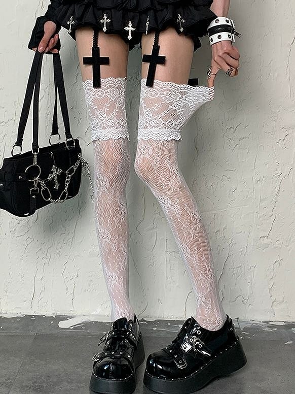 Gyaru Fashion White Floral Pattern Lace Trim Y2K Overknee Stockings