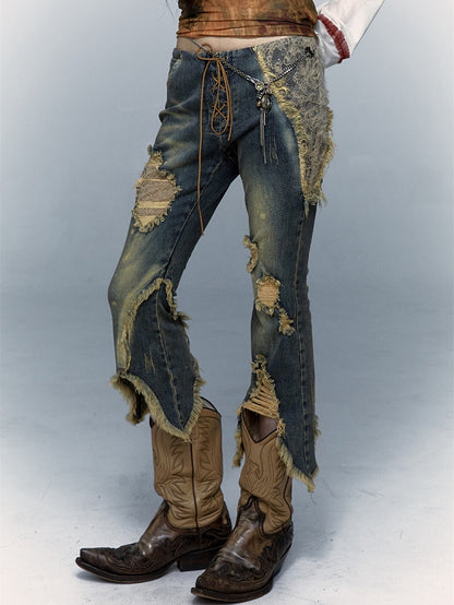 Lace-up Detail Blue Distressed Holes Faded Wash Punk Jeans Raw Hem