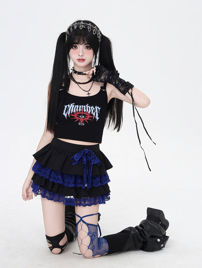 Y2K Contrast Blue Lace Trim Black Elastic Waist Tiered Skirt