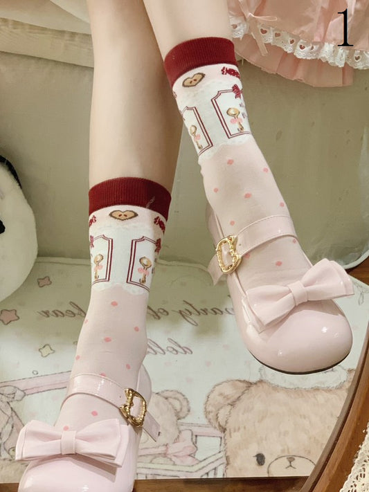 Pink Lolita Polka-dot Pattern Bowknot Details Lace Ruffled Cuffs Calf Socks With Pearls