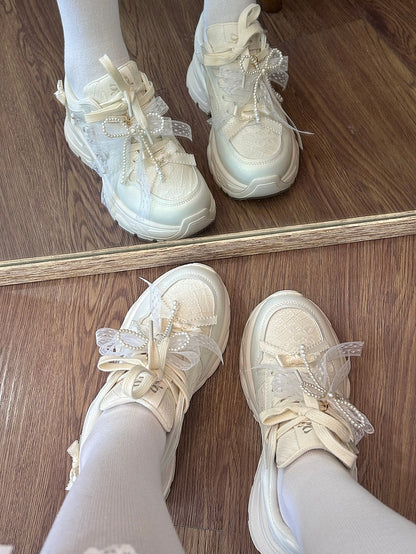 White Beaded Decorated Bowknot Details Front Lace-up Ties Sneakers