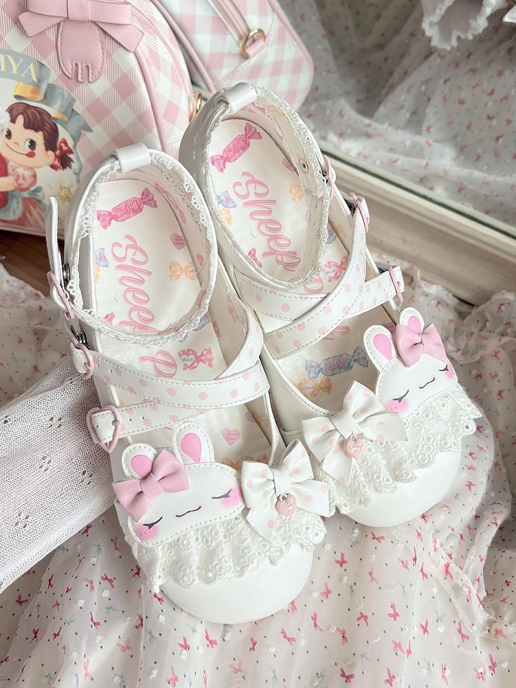 White Polka-dot Pattern Crisscross Design Bowknot Details Bunny Applique Lace Trim Sweet Lolita Shoes