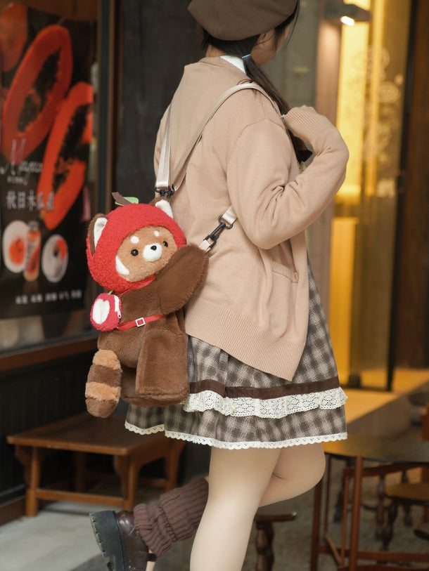 Cute Red Panda Brown 28/40 cm Plush Backpack/Crossbody Bag + Apple Hat + Red Panda/Apple Keychain
