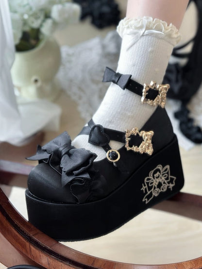 Black Bear Buckle Straps Bowknot Platform Shoes with Bear Embroidery