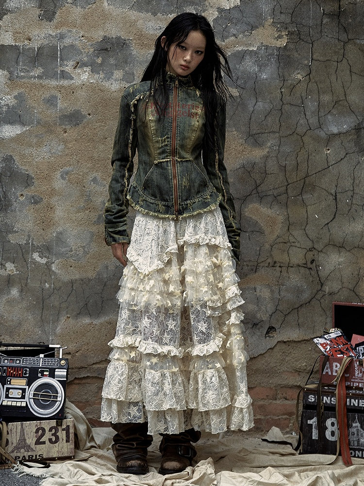 Blue Cross Patch Rock Punk Distressed Denim Jacket with Zip Cuffs