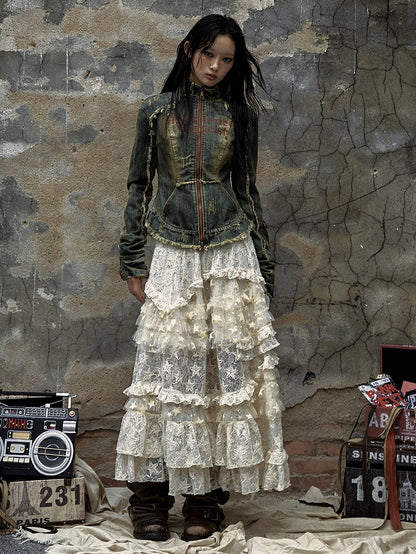 Blue Cross Patch Rock Punk Distressed Denim Jacket with Zip Cuffs