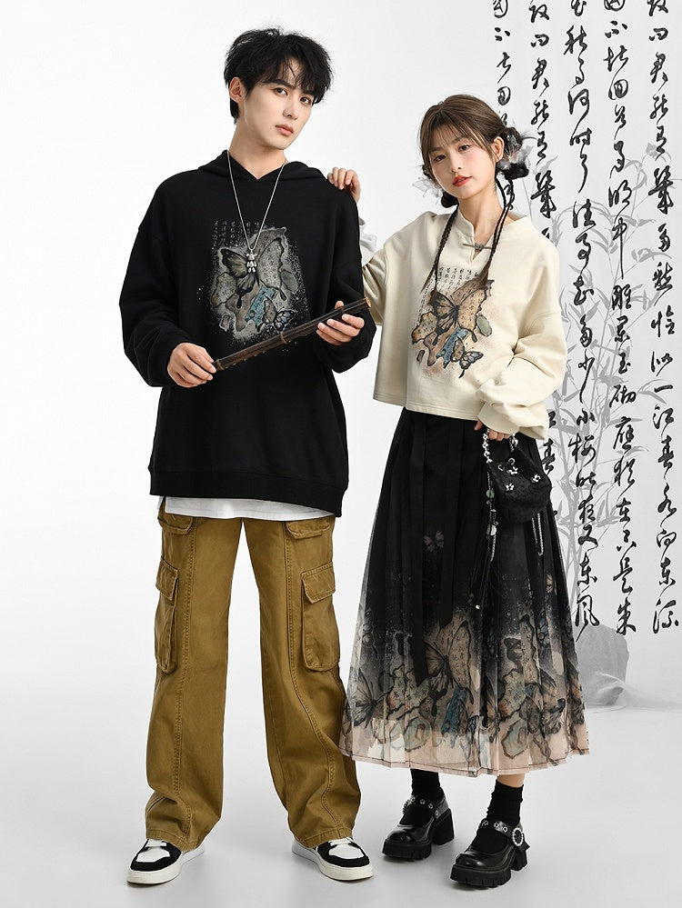 Cheongsam Style Butterfly Print Black/Apricot Banded Collar Sweatshirt