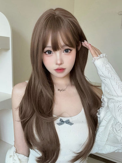 Light Brown 72CM Length Wavy Wig With Air Bangs