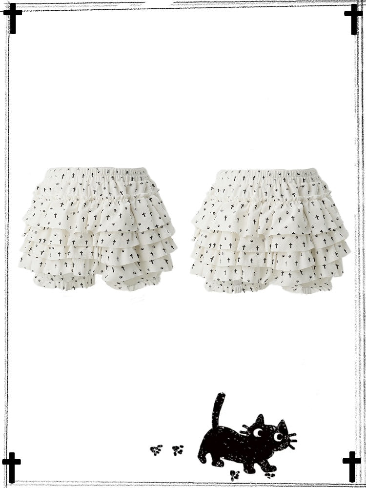 Pastel Gothic White Allover Cat Paw and Cross Print Tiered Ruffles Skort