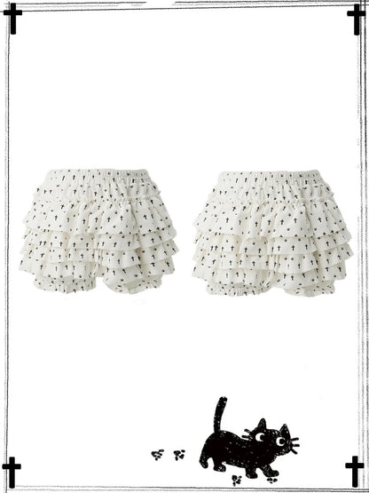 Pastel Gothic White Allover Cat Paw and Cross Print Tiered Ruffles Skort
