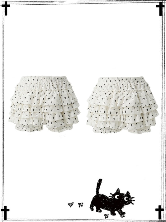 Pastel Gothic White Allover Cat Paw and Cross Print Tiered Ruffles Skort
