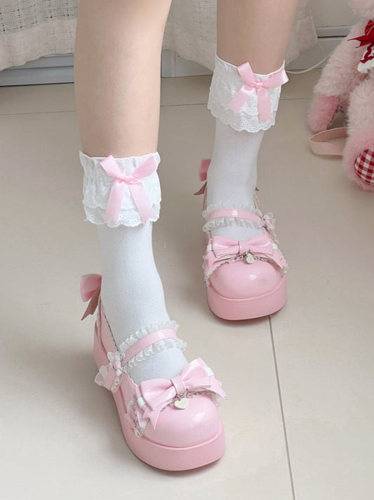 White Lolita Calf Socks With Pink/White/Red/Black Bowknots