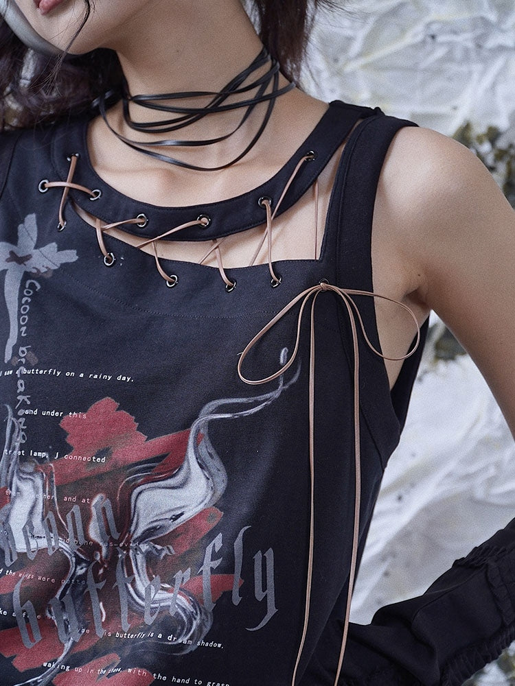 Punk Letters Print Black Lace-up Detail Sleeveless Top