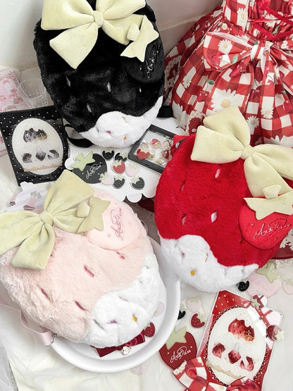 Red / Pink / Black Plush Strawberry Backpack, Convertible Crossbody Bag with Adjustable Strap
