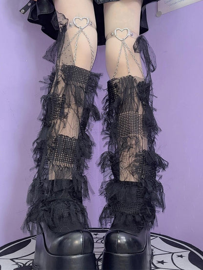 White/Black Y2K Tassels Leg Sleeves With Self-tie Strap Decorated Heart Garters