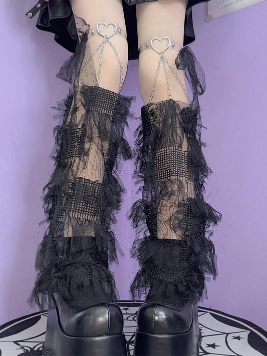 White/Black Y2K Tassels Leg Sleeves With Self-tie Strap Decorated Heart Garters