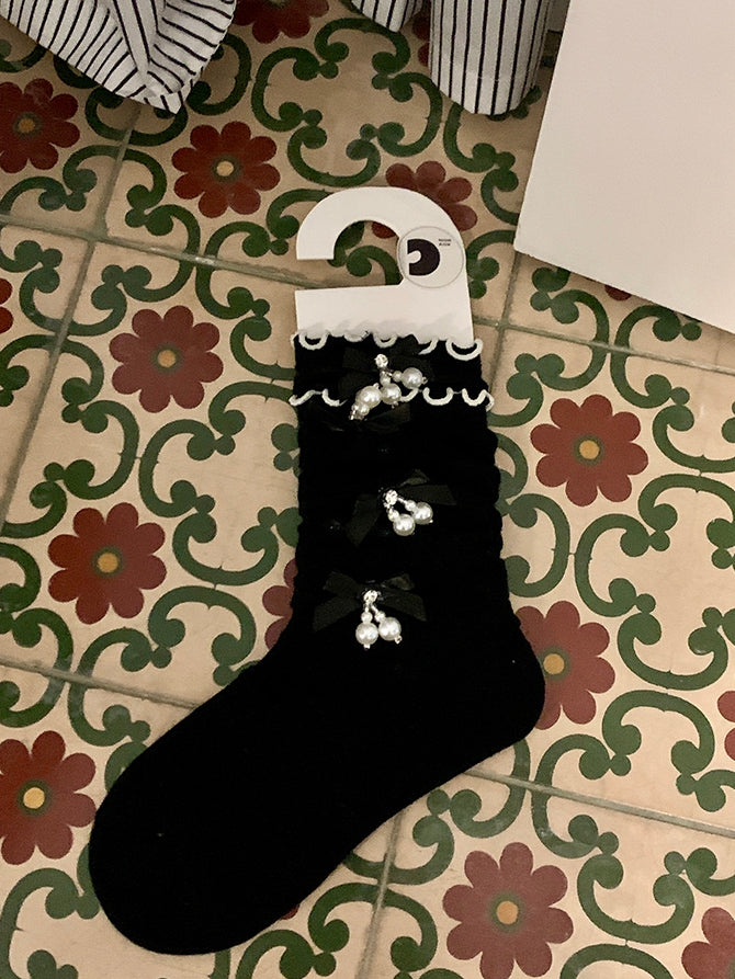 White/Black/Gray Beaded Charm Bowknot Details Calf Socks