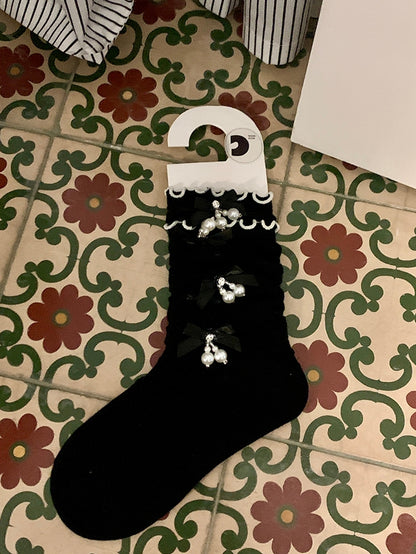 White/Black/Gray Beaded Charm Bowknot Details Calf Socks