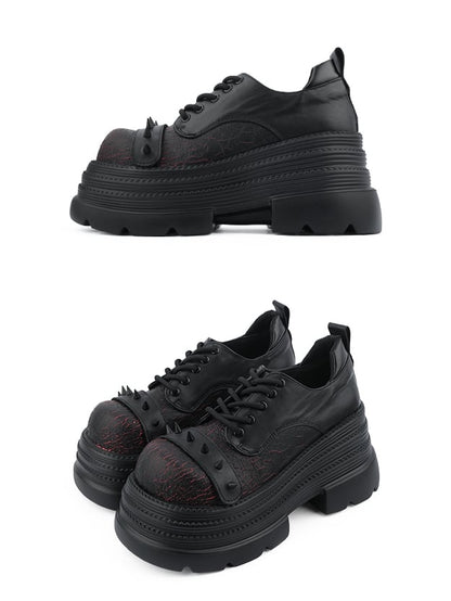 Black & Red Platform Shoes in Gothic Style - Cone Stud Detailing & Lace-up Closure