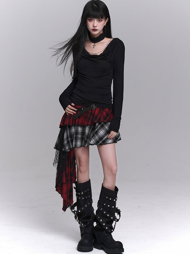 Red & Black Mesh Patchwork Asymmetrical Plaid Skirt with PU Buckle Belt