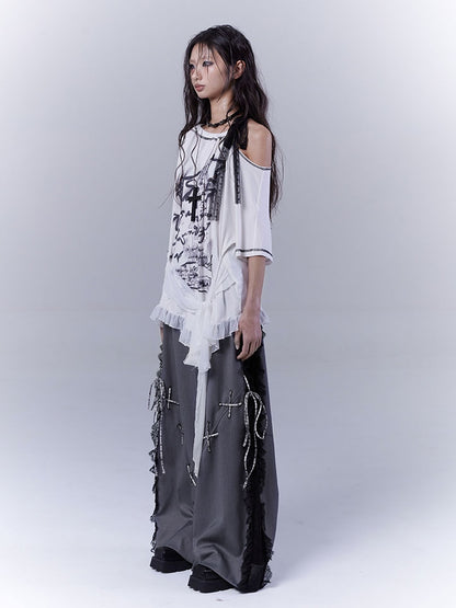 Dark Gray Lace Patches Side Casual Pants with Lace-up Details
