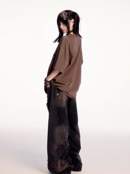 Wasteland Punk Brown Round Neck Graphic T-shirt