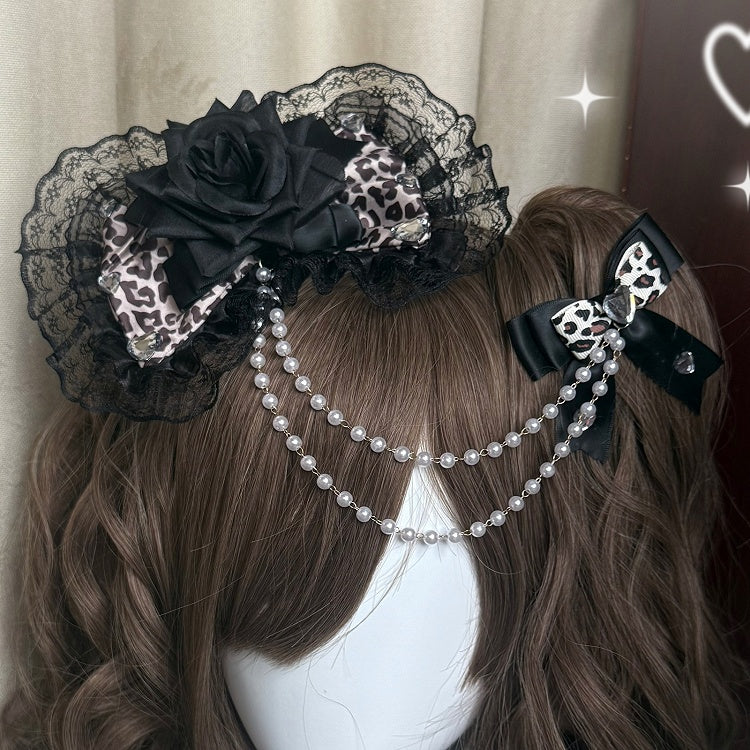 Two Pink/Black Leopard Pattern Floral Design Bead Chain Bowknot Hairclips