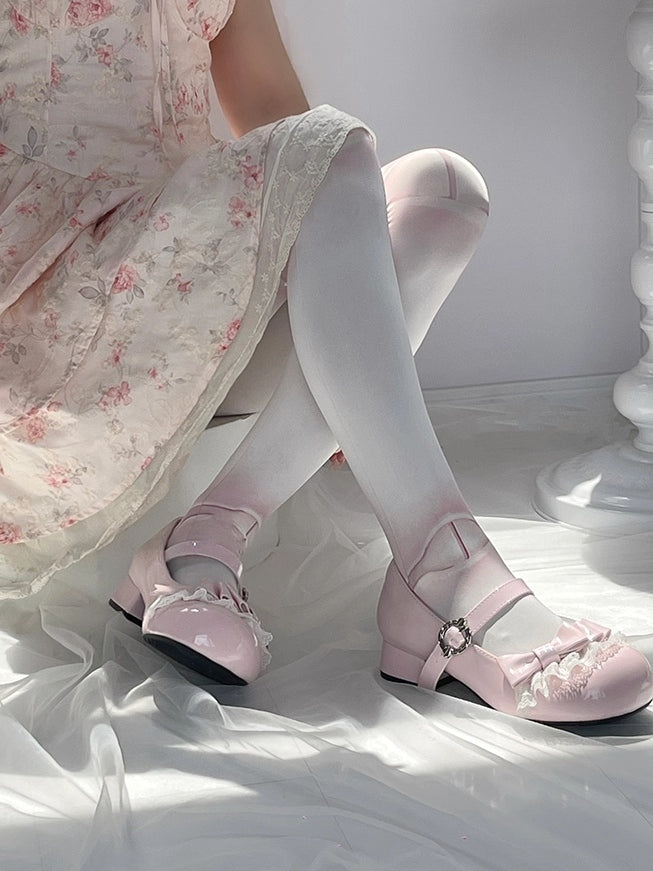 Light Pink Sweet Lolita Low-heel Mary Janes - Round Toe Design with Lace Trim & Bow Embellishments