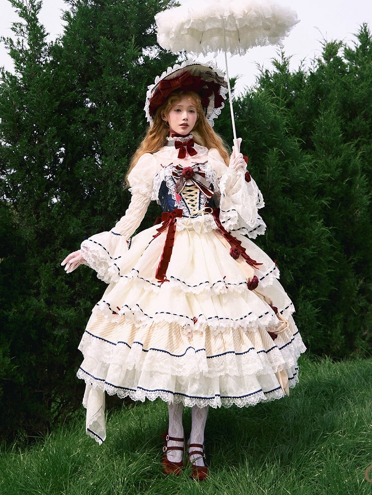 Snow White Vibes Dark Blue and Red Boned Corset Top + Tiered Skirt Gorgeous Hime Lolita Full Set