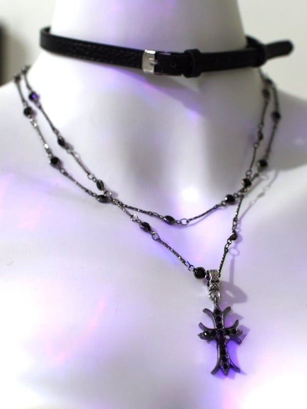 Black Cyberpunk Buckle Choker + Cross Charm Necklace
