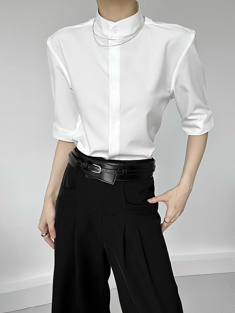 Ouji Lolita White Unisex Short Sleeve Shirt with Mandarin Collar & Button-Down Front