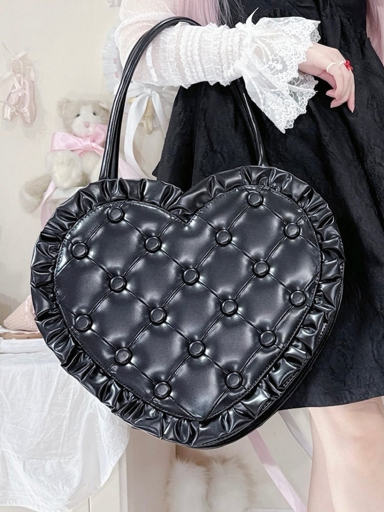 Black Ruffles Trim Heart-shaped Hand Bag