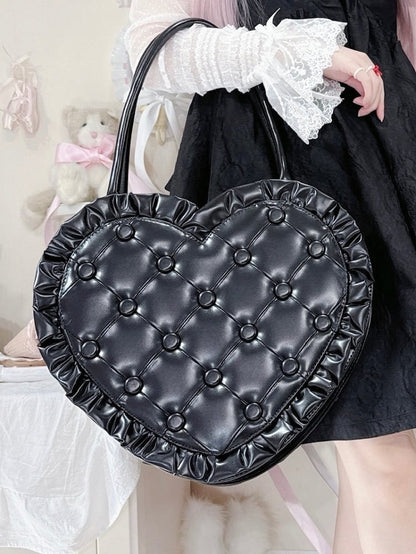 Black Ruffles Trim Heart-shaped Hand Bag