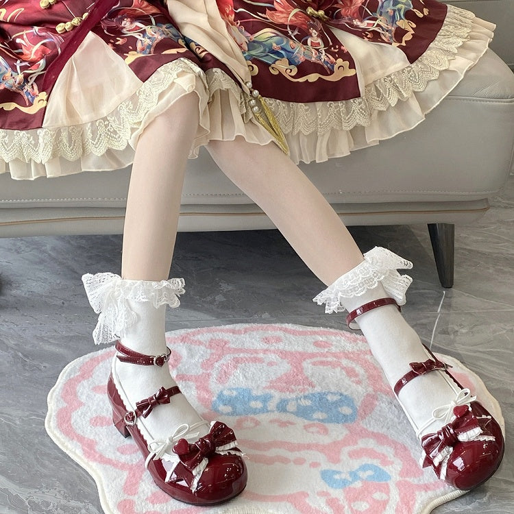 Wine Red Ruffle Trim Decorated Bow at Top 3.5CM Sweet Lolita Block Heel Mary Janes