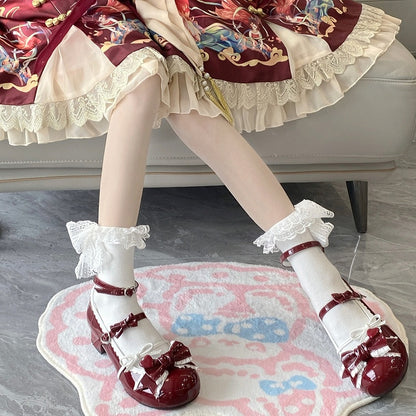Wine Red Ruffle Trim Decorated Bow at Top 3.5CM Sweet Lolita Block Heel Mary Janes