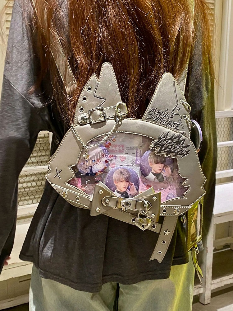 Kitty Ear Design Bowknot Studs Detail Gray PU Tote Bag Ita Bag with Free Card Holder