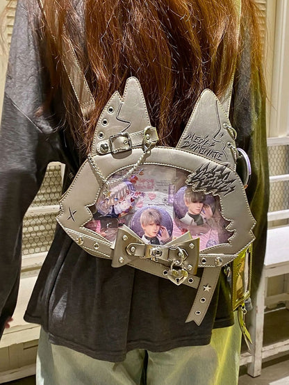 Kitty Ear Design Bowknot Studs Detail Gray PU Tote Bag Ita Bag with Free Card Holder