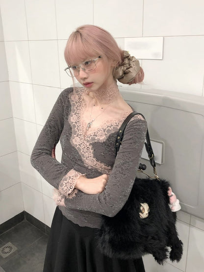 Gray & Pink Lace Trim Crossover Long Sleeve Top