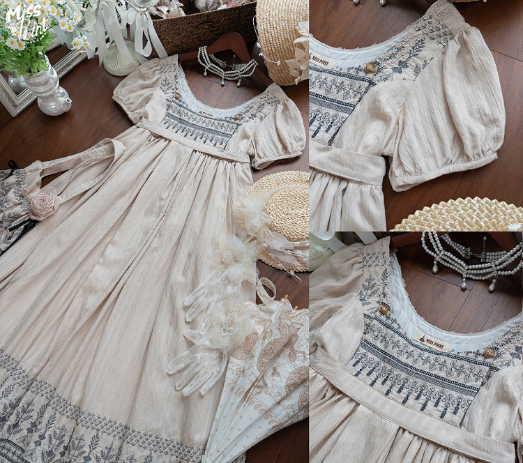 Foldover Design Neckline Blue Vintage Embroidery Empire Waist Elegant Lolita One Piece Long/Short Version