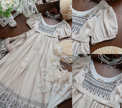 Foldover Design Neckline Blue Vintage Embroidery Empire Waist Elegant Lolita One Piece Long/Short Version