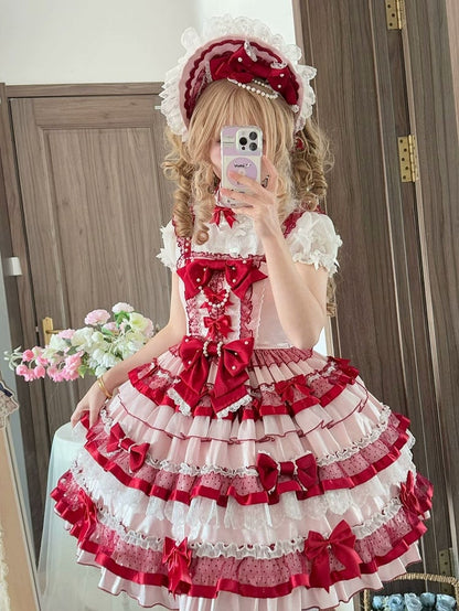 Clearance-Size M for Bust 86-91CM Pink and Red Sweet Bows Decorated Tiered Ruffles Skirt Old School Lolita Dress