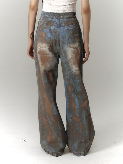 Wasteland Punk Blue Tie Dye Straight Leg Jeans Distressed Holes
