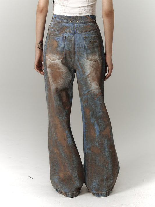 Wasteland Punk Blue Tie Dye Straight Leg Jeans Distressed Holes