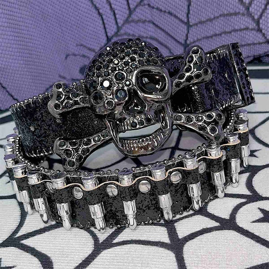 Y2K Glittering Rhinestones Punk Skull Bullets Waist Belt Black/Red/Blue/Gold